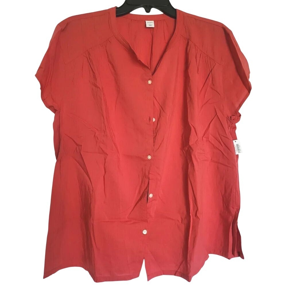Old Navy Women's Orange Shirred Soft Twill‎ Short Cap Sleeve Button Blouse L NWT